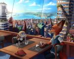  2021 anthro beverage building canid canine chair city claws clothing cloud collaboration danteslunte day detailed_background disney duo english_text eye_contact female fox fur furniture glass green_eyes hi_res inside judy_hopps kitchen_utensils lagomorph long_ears looking_at_another male mammal nick_wilde open_mouth open_smile purple_eyes romantic_ambiance s1m sitting smile table text tools water window wine_glass zootopia 