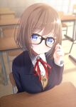  1girl :o adjusting_hair black-framed_eyewear blazer blue_eyes blue_jacket blush brown_hair cardigan chair classroom collared_shirt desk glasses highres indoors jacket long_sleeves looking_at_viewer medium_hair neck_ribbon nekobaka open_mouth original parted_lips red_neckwear ribbon school_uniform shirt sitting solo sunlight uniform white_shirt 