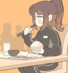  1girl black_track_suit bowl brown_hair chair chopsticks eating feet_out_of_frame food gashi-gashi jacket long_hair long_sleeves original ponytail rice sitting solo table track_jacket track_suit white_eyes 