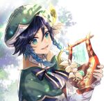  1boy androgynous bangs beret black_hair blue_eyes blue_hair bow braid brooch cape collared_cape collared_shirt flower frilled_sleeves frills gem genshin_impact glowing gradient_hair green_eyes green_headwear hat hat_flower holding holding_instrument instrument jewelry leaf light long_sleeves looking_at_viewer lyre male_focus multicolored_hair open_mouth shirt short_hair_with_long_locks smile solo soubi1022 twin_braids venti_(genshin_impact) white_flower white_shirt 