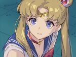  1girl bangs bishoujo_senshi_sailor_moon blonde_hair blue_eyes blue_sailor_collar choker crescent crescent_earrings derivative_work diadem earrings hair_over_shoulder heart heart_choker jewelry long_hair looking_at_viewer parted_bangs parted_lips pota_(bluegutty) red_choker sailor_collar sailor_moon sailor_moon_redraw_challenge sailor_senshi_uniform screencap_redraw solo tsukino_usagi upper_body 