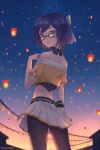  1girl ark_ford black-framed_eyewear blue_eyes blue_hair bow bow_choker brown_legwear cosplay crop_top festival hair_bow hand_up highres hololive house lantern light_smile looking_at_viewer looking_back natsuiro_matsuri natsuiro_matsuri_(cosplay) night night_sky off-shoulder_shirt off_shoulder pantyhose paper_lantern pleated_skirt shirt short_hair skirt sky solo star_(sky) starry_sky sunset white_bow white_skirt yellow_shirt yuujin_a_(hololive) 