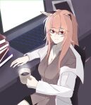  1girl animal_ears at_computer bags_under_eyes book breasts cat_ears chair cleavage coffee coffee_mug commentary cup eyebrows_visible_through_hair fake_animal_ears girls_frontline hair_between_eyes hand_on_table highres holding holding_cup keyboard_(computer) labcoat long_hair looking_at_viewer medium_breasts messy_hair monitor mug persica_(girls_frontline) pink_hair red_eyes screen_light sitting smile solo steam upper_body user_yewc7353 