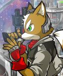  2008 anthro brown_body brown_fur canid canine clothing dipstick_tail fingerless_gloves fox fox_mccloud fur gloves green_eyes gun handgun handwear jacket male mammal mikami49 multicolored_tail nintendo ranged_weapon scarf solo star_fox topwear video_games weapon white_body white_fur 