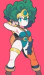  aqua_eyes arm_up armpits asymmetrical_legwear belt blush brown_footwear curly_hair dragon_quest dragon_quest_iv feet_out_of_frame gashi-gashi green_hair green_leotard heroine_(dq4) highres leotard looking_at_viewer no_nose orange_legwear pink_background simple_background sword sword_behind_back weapon 