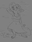  anthro arctic_fox barefoot canid canine clothed clothing disney dress feet female flower fox fully_clothed hat headgear headwear mammal monochrome outside plant skye_(zootopia) smile solo standing tggeko zootopia 