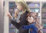  1boy 1girl blonde_hair blush book bookshelf brown_hair chiron_(fate) closed_eyes fate/apocrypha fate_(series) fiore_forvedge_yggdmillennia holding holding_book holding_hands hug hug_from_behind library long_hair necktie smile toby_(k.t) 