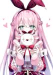  1girl arcaea bangs bow_hairband braid buttons covering_mouth detached_sleeves green_hair hairband heart kazunehaka long_hair long_sleeves looking_at_viewer pink_hair ribbon sidelocks stuffed_toy upper_body white_background 