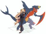  1girl adapted_costume black_footwear black_pants blonde_hair breasts cleavage cynthia_(pokemon) full_body fur_trim garchomp gen_4_pokemon hair_over_one_eye high_heels highres holding holding_poke_ball long_hair long_pants low-tied_long_hair medium_breasts mega_garchomp mega_pokemon pants poke_ball poke_ball_(basic) pokemon pokemon_(game) pokemon_dppt sakuremi smile standing suspenders very_long_hair white_background 