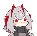  1girl :3 arknights bangs black_scarf blush chibi commentary horns kurotofu lowres red_eyes scarf short_hair silver_hair simple_background smile solo upper_body w_(arknights) white_background 