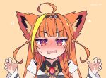  1girl ahoge animal_ears bangs blunt_bangs blush braid cat_ears claw_pose commentary ears embarrassed eyebrows_visible_through_hair full-face_blush hairband highlights hololive kemonomimi_mode kiryu_coco kukie-nyan long_hair looking_at_viewer multicolored_hair open_mouth orange_background orange_hair paw_pose red_eyes simple_background solo sweatdrop symbol_commentary virtual_youtuber 