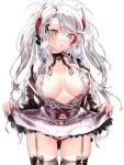  1girl :o ass_visible_through_thighs azur_lane bangs black_bow black_neckwear black_panties blush bow breasts choker cleavage collarbone cowboy_shot dress dress_lift eyebrows_visible_through_hair garter_straps hair_bow hair_ornament highres iron_cross kamiya_maneki lace-trimmed_dress lace_trim long_hair long_sleeves looking_at_viewer medium_breasts multicolored_hair panties parted_lips pleated_dress prinz_eugen_(azur_lane) red_hair silver_dress silver_hair simple_background solo streaked_hair thighhighs thighs twintails unbuttoned underwear white_background yellow_eyes 