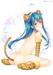  :3 ahoge animal_ears animal_print ass blue_hair blush bottomless cat_ears cat_paws cat_tail gloves highres hinako_note march-bunny natsukawa_kuina paws tail tiger_print tiger_stripes topless yellow_eyes 
