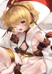  1girl absurdres andira_(granblue_fantasy) animal_ears bangs barefoot blonde_hair blush breasts detached_sleeves erune eyebrows_visible_through_hair granblue_fantasy highres indian_style looking_at_viewer maou_(maoudaisukiya) monkey_ears monkey_tail one_eye_closed open_mouth red_eyes short_hair simple_background sitting small_breasts solo tail tears teeth white_background 