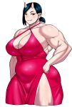  1girl abs belly biceps black_hair breasts cleavage cocktail_dress collarbone cowboy_shot criss-cross_halter dress earrings elf-san_wa_yaserarenai. fang halter_dress halterneck hand_on_hip highres horns jewelry large_breasts long_eyelashes looking_at_viewer muscular muscular_female oga-san oni oni_horns pointy_ears ponytail red_dress red_eyes short_hair side_slit skin-covered_horns smile solo synecdoche thick_thighs thighs tight tight_dress toned white_background 
