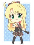  1girl :3 ahoge bangs barefoot black_vest blonde_hair blue_background blush bow chibi collared_shirt dotted_background full_body green_eyes hand_on_own_chest himesaka_noa holding holding_microphone long_hair microphone necktie pila-pela plaid plaid_bow plaid_neckwear plaid_skirt pleated_skirt shirt skirt smug thighhighs vest watashi_ni_tenshi_ga_maiorita! white_shirt zettai_ryouiki 