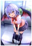  1girl :d absurdres alternate_costume bag bat_wings black_footwear black_legwear black_skirt bow bowtie breasts fisheye highres holding hyurasan leaning_forward looking_at_viewer medium_breasts miniskirt open_mouth pink_sweater pleated_skirt purple_hair red_eyes remilia_scarlet school_bag school_uniform shirt shoes short_hair short_sleeves skirt smile solo standing sweater sweater_vest thighhighs touhou white_shirt wings zettai_ryouiki 