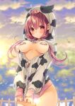  animal_print areola_slip areolae bandaid bandaids_on_nipples blush bottomless breasts breasts_outside cloud cow_hood cow_print highres hinako_note hood hoodie lactation leaves_in_wind light_censor light_particles light_rays long_hair march-bunny pasties pink_hair pulled_by_self sakuragi_hinako shirt_pull sweatdrop twintails unzipped zipper 
