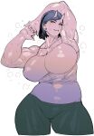  armpits arms_up black_hair breasts curvy elf-san_wa_yaserarenai. fang fingers_together highres horns huge_breasts looking_at_viewer muscular muscular_female oga-san red_eyes short_hair smile steam sweat synecdoche thick_thighs thighs wide_hips 