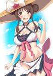  1girl :d bangs bare_shoulders bikini blue_sky blush breasts brown_eyes brown_hair cleavage cloud collarbone commentary_request cowboy_shot day detached_sleeves double_bun eyebrows_visible_through_hair groin halterneck hand_up hat hat_ribbon highres large_breasts long_hair looking_at_viewer midriff nanao_(naoekaki25) navel o-ring o-ring_bikini ocean open_mouth princess_connect! princess_connect!_re:dive puffy_detached_sleeves puffy_sleeves ribbon sarong sidelocks sky smile solo standing straw_hat suzume_(princess_connect!) swimsuit white_bikini white_sarong 