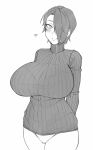  1girl arms_behind_back blush bralines breasts commentary cowboy_shot english_commentary hair_over_one_eye heart huge_breasts impossible_clothes impossible_sweater long_sleeves looking_at_viewer no_pants original panties ribbed_sweater saya_(twrlare) short_hair simple_background smile solo sweater turtleneck turtleneck_sweater twrlare underwear 