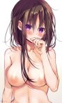  blush breasts brown_hair hagino_chiaki highres hinako_note inverted_nipples long_hair march-bunny nipples purple_eyes 