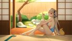  1girl azur_lane bangs bare_shoulders barefoot bird blue_camisole breasts camisole chick eating food formidable_(azur_lane) grass grey_hair highres large_breasts legs long_hair looking_at_viewer looking_to_the_side manjuu_(azur_lane) popsicle red_eyes ribbon sideboob tree twintails two-tone_ribbon very_long_hair wei_xiao 