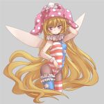  1girl absurdly_long_hair adapted_costume alternate_legwear american_flag_legwear bare_arms bare_shoulders black_legwear blonde_hair breasts clownpiece cropped_legs fairy_wings grey_background hat highres jester_cap leotard long_hair looking_at_viewer neck_ruff nibi pantyhose pink_eyes polka_dot simple_background sleeveless small_breasts solo star_(symbol) striped thighhighs touhou very_long_hair wings wrist_cuffs 