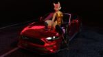  1:1 3d_(artwork) anthro canid canine canis car claws clothed clothing collar digital_media_(artwork) female ford ford_mustang fox fur hair hi_res impreza legwear looking_at_viewer mammal open_mouth outside pink_hair simple_background solo stockings swimwear tan_body tan_fur text tridognait vehicle wristlet 