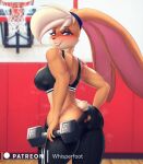  &lt;3 &lt;3_eyes 2021 anthro basketball_court basketball_hoop blush bodily_fluids breasts buckteeth butt clothed clothing conditional_dnp digital_media_(artwork) dumbbell eyelashes female fingers furgonomics hair hi_res holding_object lagomorph leporid lola_bunny long_ears looking_at_viewer looney_tunes mammal muscular muscular_anthro muscular_female musk rabbit solo sweat teeth text vein veiny_muscles warner_brothers weights whisperfoot 