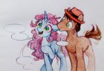  bite clothing dialogue duo ear_bite earth_pony equid equine female feral hasbro hat headgear headwear hi_res horn horse jewellier_(artist) looking_at_another male mammal my_little_pony pony simple_background speach_bubble unicorn white_background 