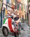 2girls ascot bare_shoulders blonde_hair boots bow bowtie braid breasts brown_eyes corset day french_braid grey_hair ground_vehicle hat highres k_jie kantai_collection large_breasts long_hair mini_hat miniskirt moped motor_vehicle multiple_girls outdoors pola_(kancolle) red_neckwear riding road scooter shirt skirt stairs street thick_eyebrows thighhighs tilted_headwear vespa wavy_hair white_legwear white_shirt zara_(kancolle) 