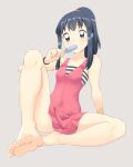  1girl bangs barefoot black_hair bracelet collarbone commentary dawn_(pokemon) eating eyebrows_visible_through_hair eyelashes food full_body grey_background grey_eyes hair_tie hand_up highres holding holding_stick jewelry knees long_hair pink_swimsuit pokemon pokemon_(game) pokemon_dppt popsicle shiny shiny_hair sidelocks simple_background solo spread_legs stick suitenan swimsuit swimwear tied_hair toes 