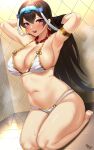  1girl armlet bead_necklace beads bikini breasts brown_hair earrings fate/grand_order fate_(series) hands_in_hair highres hoop_earrings jewelry kisaragi_tsurugi large_breasts long_hair navel necklace purple_eyes seiza signature sitting sweat swimsuit xuangzang_sanzang_(fate) 