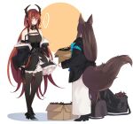  ... 2girls animal_ear_fluff animal_ears arknights bare_shoulders black_coat black_dress black_footwear black_legwear black_ribbon blush breasts cleavage closed_mouth coat detached_collar doctor_(arknights) dress eye_contact female_doctor_(arknights) fox_ears fox_girl fox_tail frilled_dress frills hair_ribbon high_heels hinagi_(fox_priest) holding holding_carton horns large_tail long_hair long_skirt long_sleeves looking_at_another low-tied_long_hair medium_breasts multiple_girls off_shoulder open_clothes open_coat orundum_(arknights) pantyhose purple_eyes red_hair ribbon skirt speech_bubble spoken_ellipsis surtr_(arknights) sweatdrop tail two-tone_background very_long_hair white_skirt 