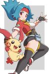 1girl ass blue_hair blush breasts capture_styler closed_mouth commentary_request cropped_jacket eyelashes fingerless_gloves gen_3_pokemon gloves gonzarez headband highres holding jacket long_hair looking_at_viewer open_clothes open_jacket plusle pokemon pokemon_(creature) pokemon_ranger pokemon_ranger_1 red_eyes red_headband red_jacket shirt shoes short_sleeves smile solana_(pokemon) spread_fingers thighhighs white_shirt 