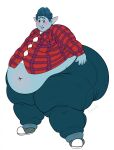  ashwolves5 blue_hair blush bottomwear clothing elf footwear hair hi_res humanoid humanoid_pointy_ears ian_lightfoot male navel not_furry obese overweight pants shirt simple_background solo thick_thighs tight_clothing topwear 