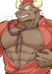  1boy abs animal_ears bara bare_pecs blush breath brown_fur cow_ears cow_horns facial_hair furry goatee gyumao_(tokyo_houkago_summoners) harada_(basashi) horns large_pectorals looking_at_viewer male_focus mature_male minotaur mohawk muscular muscular_male necktie necktie_removed nipples open_clothes open_shirt red_hair red_shirt shirt short_hair smirk solo stomach stubble tokyo_houkago_summoners upper_body 