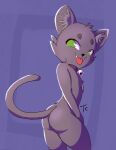  2020 anthro ashe_(starshippizza) bell bell_collar black_nose butt collar domestic_cat felid feline felis female fur green_eyes grey_body grey_fur hi_res inner_ear_fluff looking_back mammal nude open_mouth simple_background smile solo teece tongue tongue_out tuft 