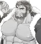  1boy :d abs bara bare_pecs beard cigar ded_(tokyo_houkago_summoners) facial_hair forked_eyebrows fur-trimmed_jacket fur_trim harada_(basashi) jacket large_pectorals male_focus mature_male muscular muscular_male nipples official_alternate_costume open_mouth portrait short_hair smile smirk solo tokyo_houkago_summoners upper_body 
