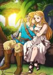  1boy 1girl artist_name bare_shoulders belt blonde_hair blue_shirt blush boots breasts brown_belt brown_footwear cleavage closed_eyes collarbone dress full_body hetero highres injury kinkymation link long_hair long_sleeves master_sword medium_breasts official_alternate_costume outdoors pants pointy_ears princess_zelda sandals shirt sitting smile strapless strapless_dress the_legend_of_zelda the_legend_of_zelda:_breath_of_the_wild torn_clothes torn_pants tree watermark web_address white_dress 