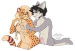  2021 alexandra_(velocitycat) anthro areola black_hair blue_eyes breasts cheetah digital_media_(artwork) duo eyebrows eyelashes felid feline female genitals hair kittydee mammal nipples nude pussy smile 