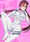  1girl absurdres blush bodysuit breasts brown_hair covered_navel covered_nipples evangelion:_3.0+1.0_thrice_upon_a_time glasses green_eyes grin hairpods highres huge_breasts impossible_bodysuit impossible_clothes interface_headset ippo long_hair looking_at_viewer makinami_mari_illustrious neon_genesis_evangelion parted_lips pilot_suit plugsuit rebuild_of_evangelion shiny shiny_clothes shiny_hair shiny_skin skin_tight smile solo teeth twintails white_bodysuit 