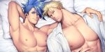  2boys abs armpits asymmetrical_hair bara bare_pecs blonde_hair couple d-red galo_thymos kray_foresight large_pectorals looking_at_viewer male_focus multiple_boys muscular muscular_male nipples on_bed promare short_hair sideburns sidecut smile spiked_hair yaoi 