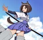  1girl absurdres animal_ears ass_visible_through_thighs bangs black_hair blue_skirt blue_sky bob_cut bridal_gauntlets brown_eyes cloud cloudy_sky commentary day dog_ears dog_tail dougi flying hakama_skirt haruwo0096 highres holding holding_staff kuroda_kunika long_sleeves looking_to_the_side miniskirt noble_witches open_mouth outdoors panties pantyshot shirt short_over_long_sleeves short_sleeves skirt sky smile solo staff striker_unit swept_bangs tail underwear white_panties white_shirt wind wind_lift 