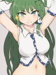  1girl :&gt; armpits arms_up bangs bare_shoulders breasts bright_pupils collarbone crop_top detached_sleeves eyebrows_visible_through_hair frog_hair_ornament green_eyes green_hair hair_flowing_over hair_ornament hair_tubes hands_in_hair highres kochiya_sanae large_breasts light_blush long_hair looking_at_viewer marsen midriff navel shirt sidelocks simple_background snake_hair_ornament solo sparkle touhou upper_body v-shaped_eyebrows very_long_hair white_background white_pupils white_shirt 