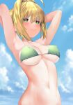  1girl ahoge armpits arms_behind_head arms_up bangs bare_shoulders bikini blonde_hair blue_sky blush braid breasts cleavage collarbone fate/extra fate_(series) french_braid green_bikini green_eyes hair_between_eyes hair_bun hair_intakes highres large_breasts long_hair looking_at_viewer nero_claudius_(fate) nero_claudius_(fate)_(all) sabi_(rupf2384) sky smile swimsuit 