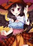  1girl bandana bangs black_feathers black_hair black_wings blurry blurry_background blush breasts cleavage clothing_cutout cowboy_hat cowboy_shot eyebrows_visible_through_hair feathered_wings hand_up hat image_sample kurokoma_saki leg_cutout long_hair looking_at_viewer multicolored multicolored_background multicolored_clothes multicolored_skirt one-hour_drawing_challenge open_mouth pegasus_wings pink_headwear pink_skirt plaid plaid_skirt plaid_vest puffy_short_sleeves puffy_sleeves red_background red_eyes ruu_(tksymkw) shirt short_sleeves skirt solo tail touhou twitter_sample two-tone upper_body vest white_bandana wings 