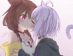  2girls ahoge animal_collar animal_ears bare_shoulders blush bone_hair_ornament braid brown_hair cat_ears cat_girl cat_tail choker closed_eyes collar dog_ears dog_girl eyebrows_visible_through_hair hair_between_eyes hair_ornament hairclip hololive hololive_gamers hood hood_down hoodie inugami_korone jacket kiss long_hair long_sleeves looking_at_another low_twin_braids multiple_girls nekomata_okayu orange_eyes purple_hair sakunotoon short_hair simple_background surprise_kiss surprised tail twin_braids virtual_youtuber white_background yellow_jacket yuri 