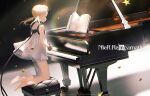  1girl bandaged_leg bandages bare_arms barefoot black_collar blonde_hair bloomers book collar commentary_request copyright_name cuffs dress floating_hair grand_piano highres instrument kneeling lal!role light medium_hair nier_(series) nier_reincarnation piano piano_bench second-party_source see-through see-through_dress shadow sleeveless sleeveless_dress solo star_(symbol) twintails underwear watermark white_girl 